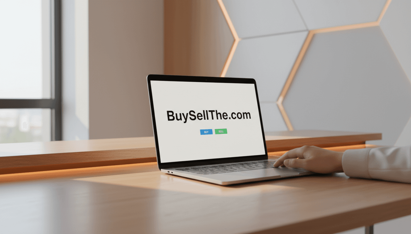 Laptop displaying BuySellThe.com marketplace domain on a clean modern desk