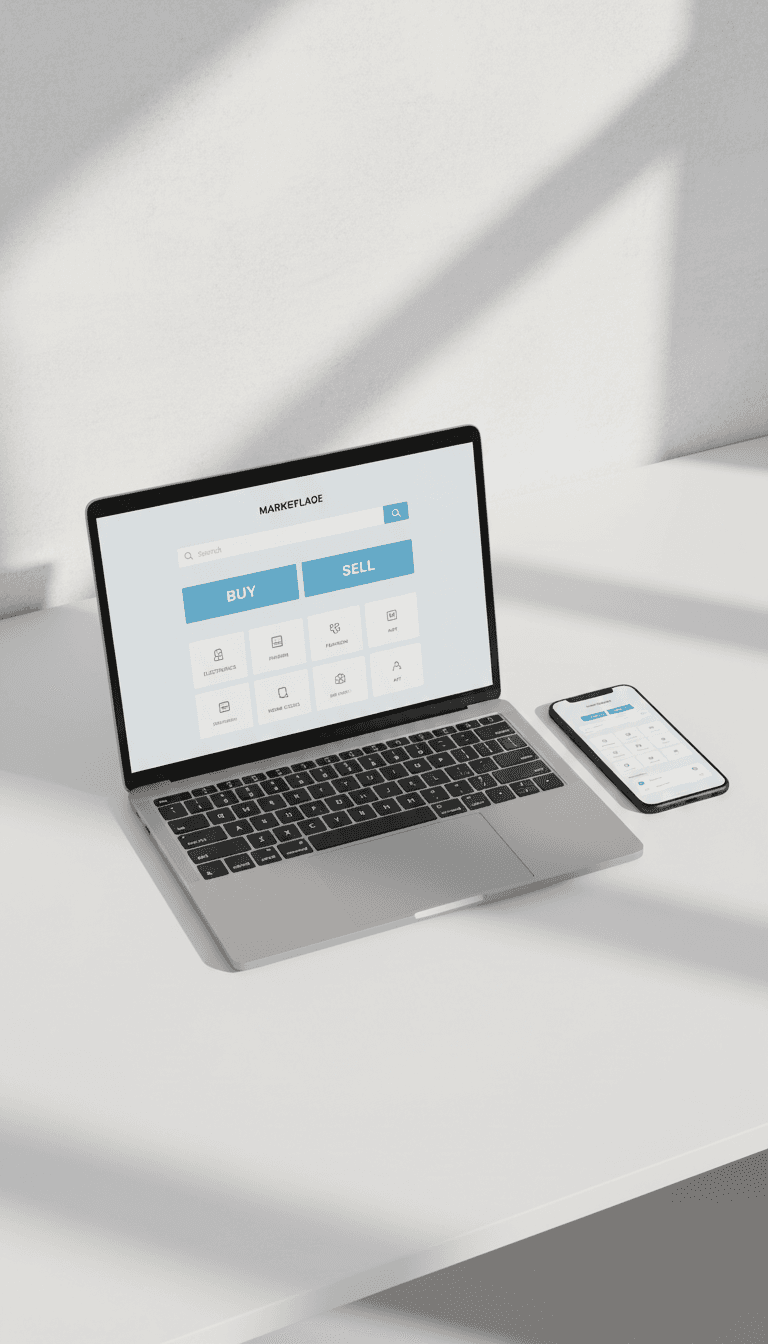Laptop and smartphone displaying a clean marketplace interface on white desk