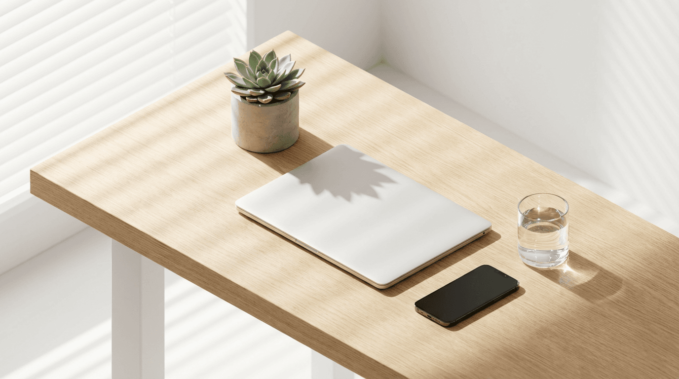 Professional workspace with laptop displaying a marketplace interface in clean modern office setting