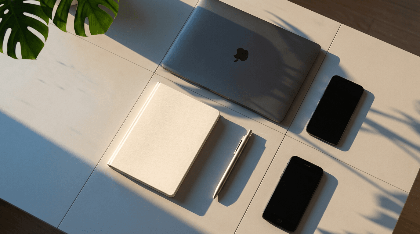 Modern workspace with laptop showing a marketplace interface on a clean white desk