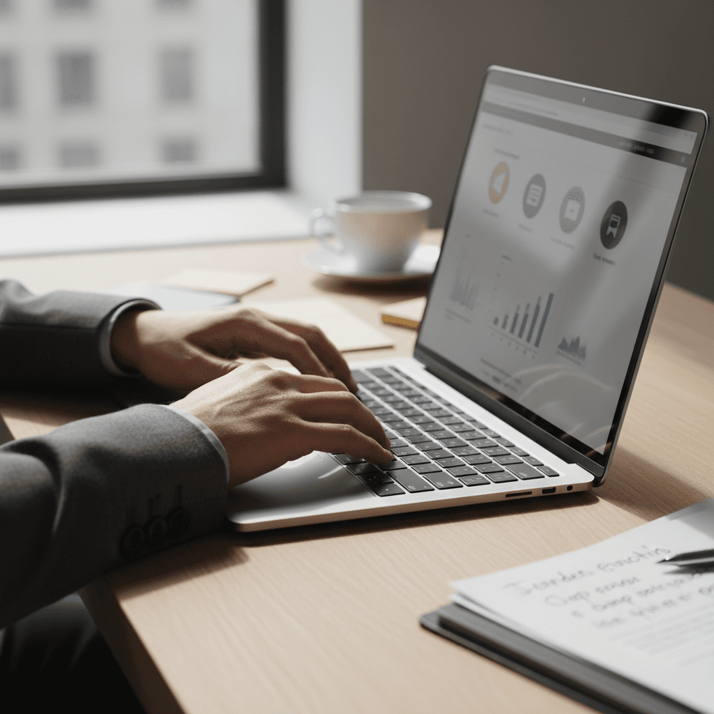Entrepreneur reviewing domain acquisition materials in professional office