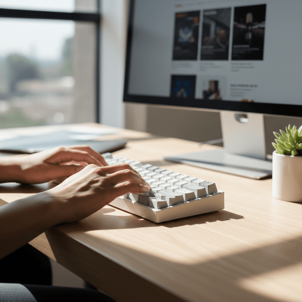 Hands typing on keyboard with marketplace interface on screen